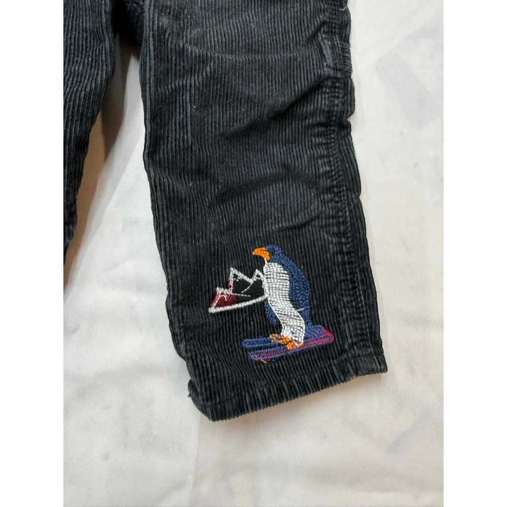 OSHKOSH Baby Boy 12 Months Black Corduroy Embroidered Penguin Snap Overall Pants